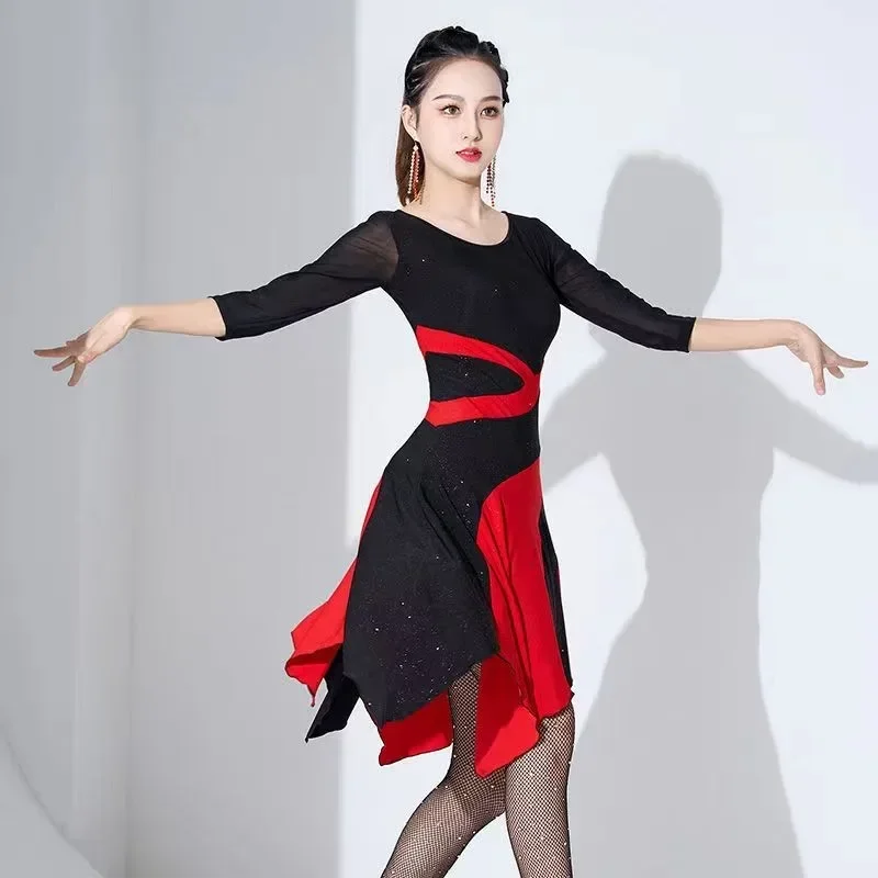 New Women Dresses Big Red Flower Tassel Dance Skirt Latin Dancing Long Sleeve Dress Latina Black Sexy Girls Adult Costume Rumba