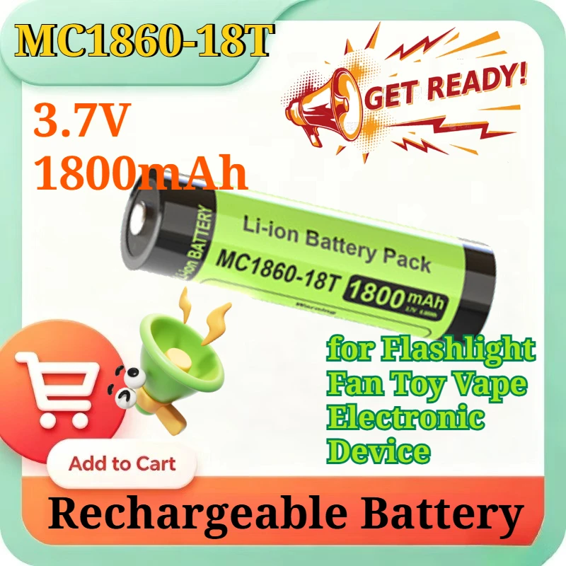 

MC1860-18T 3.7V 1800mAh Type-C Rechargeable Li-ion Battery 700+ Cycles for Flashlight Fan Toy Vape Electronic Device Accessories
