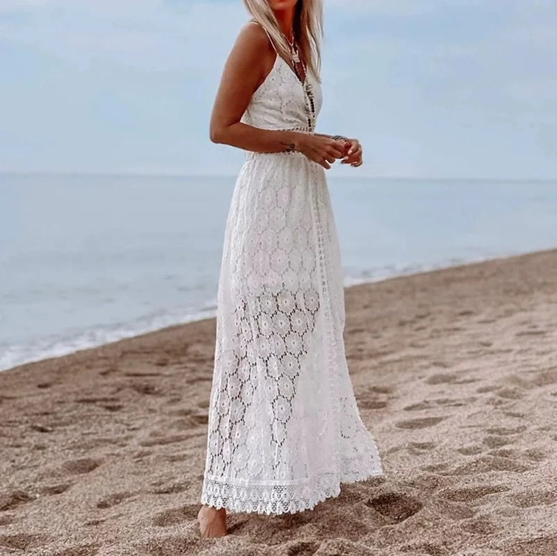 Women Spaghetti Straps Long Beach Dress Boho Summer Sleeveless Hollow Out Floral Lace Playsuit Sundress Lady Outfit