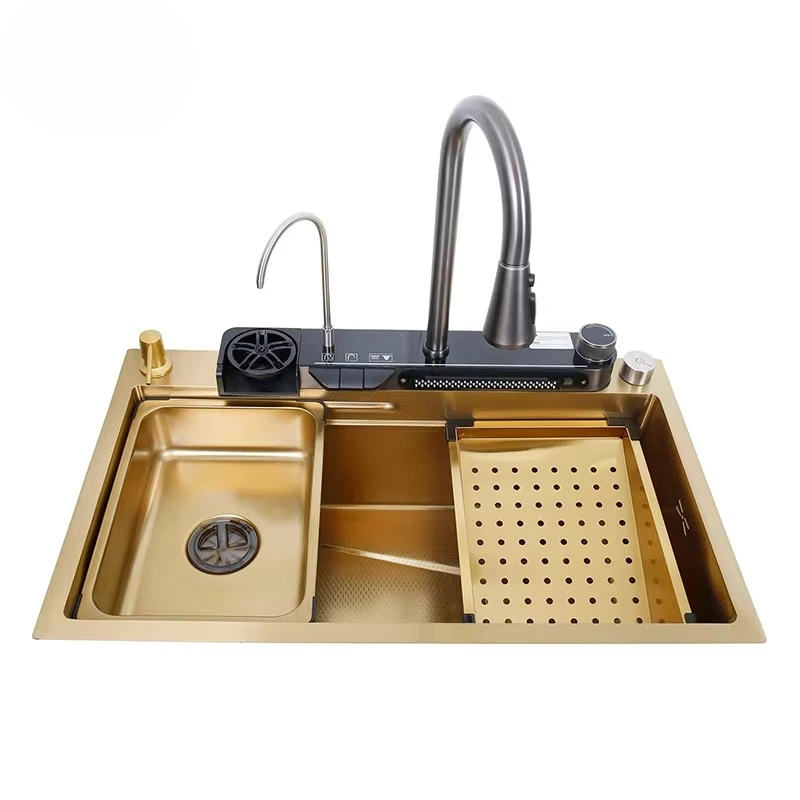 

Golden Waterfall Stainless Steel Smart Multifunctional Stainless Steel Kitchen Sink Golden Modern Kitchen Sink with Waterfall
