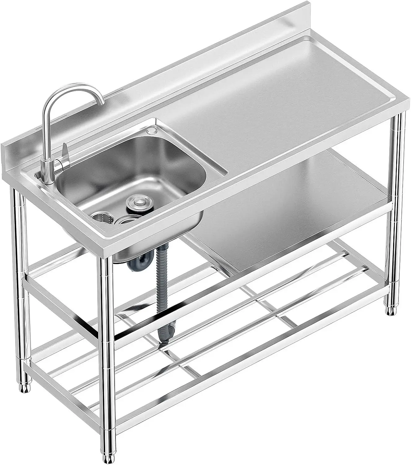 Stainless-Steel Single Bowl Commercial Restaurant Kitchen Sink Set w/Faucet & Drainboard, Prep & Utility Washing Hand Basin w/Wo