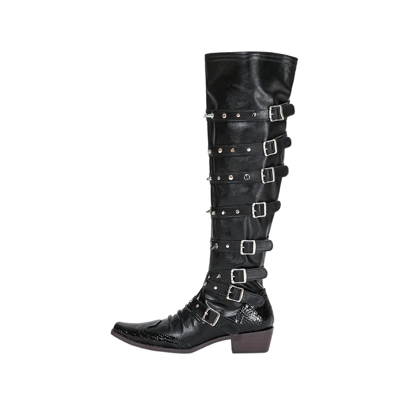 Fashion Rivet Metal Buckle Decoration Women Knee-High Knight Boots Autumn Winter Punk Gothic Leather Motorcycle Boots Shoes