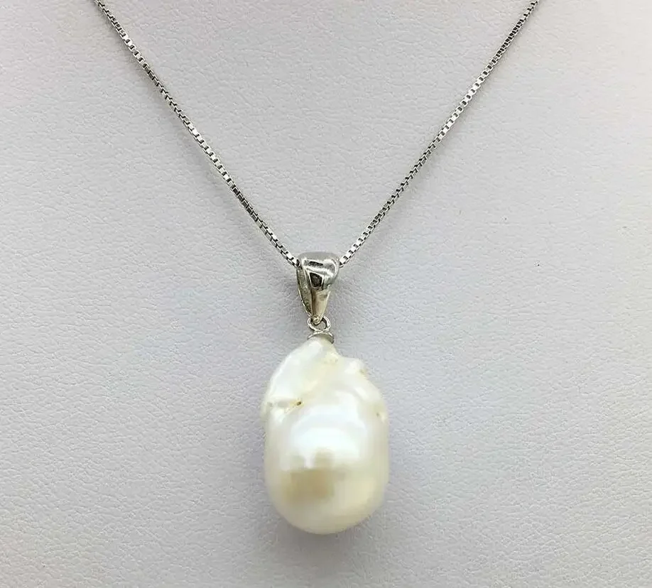 Natural white AA Baroque Big Reborn Keshi Pearl Pendant 925Sterling Silver Chain Necklace 18