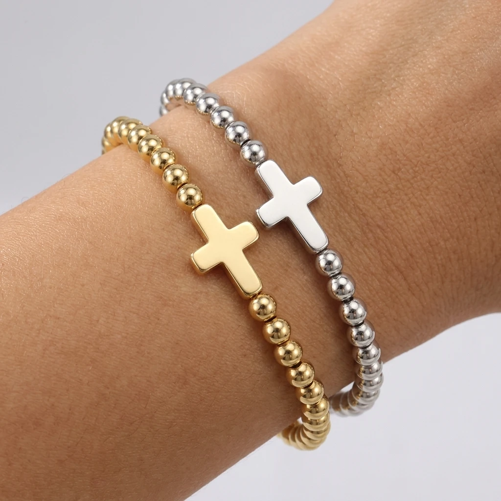 

2pcs Copper Bohemian Cross Beaded Bracelets Set Stretch Strand Bracelets For Couples Women Men