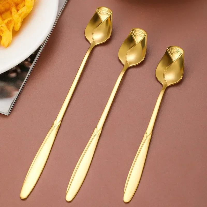 High-value Rose Spoon Long Handle Golden Spoon Cute Teaspoon Coffee Mixing Spoon Dessert Honey Salad Drink Spoons Tableware