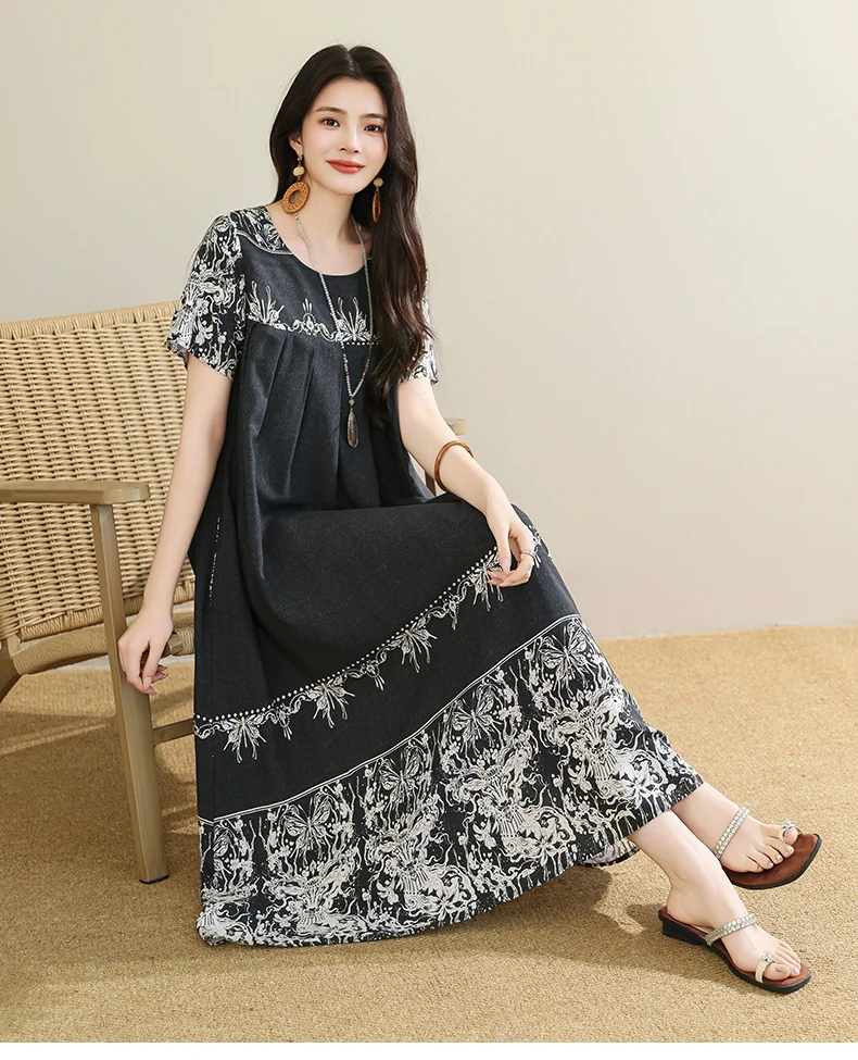 New 2025 Summer Dress For Women Plus Size Dress Casual Short Sleeve Boho Vintage Print Long Maxi Dress Beach Women Clothing