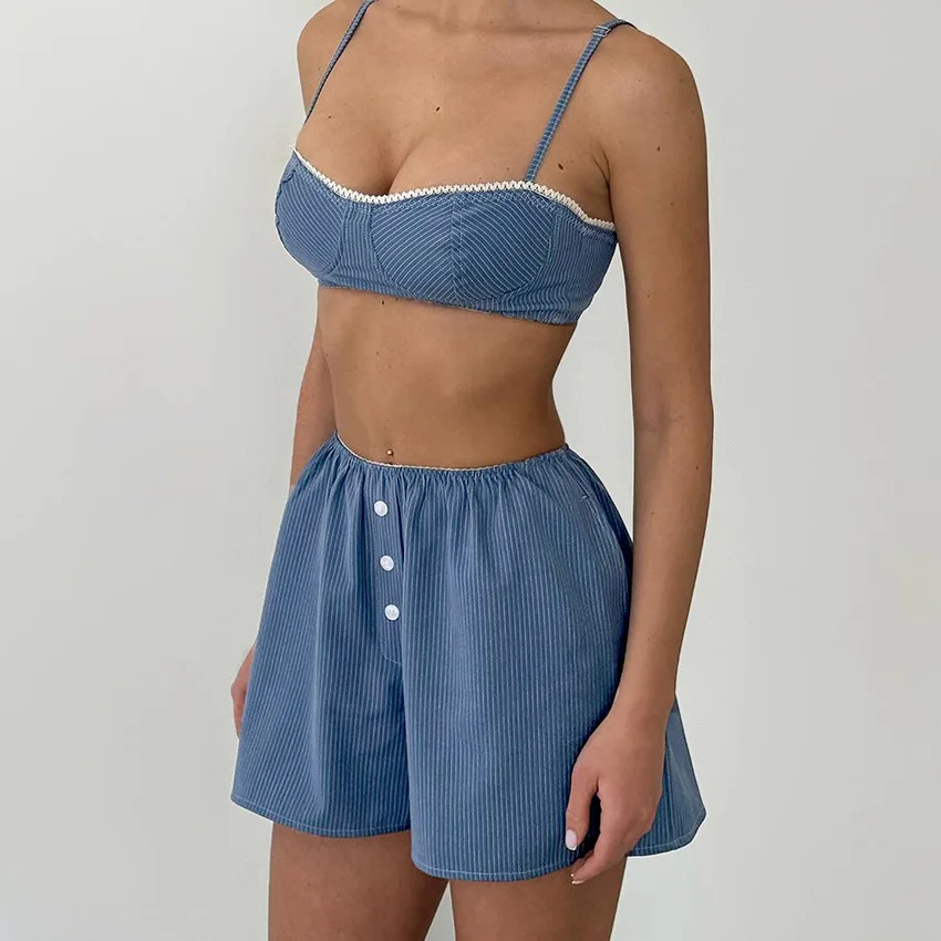 European and American Style Ladies Summer New Suspender Top Striped Shorts Pajamas Home Clothes Two-piece Set