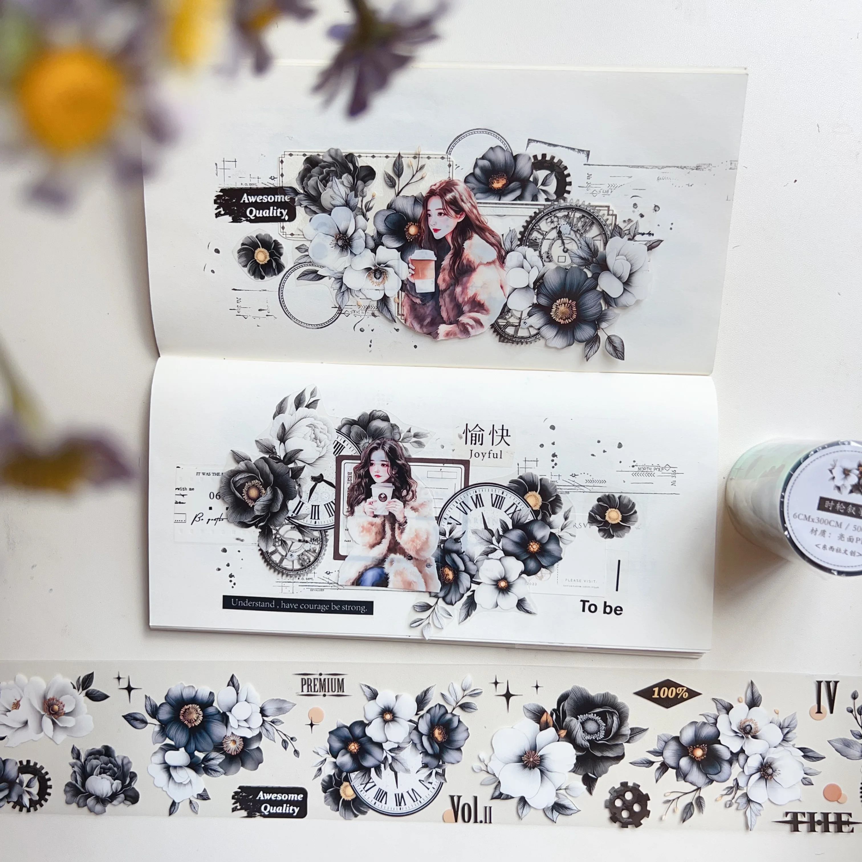 North West Studio Vintage Timeless Black White Rose Washi PET Tape Planner DIY Card Making Scrapbooking Plan Decorative Sticker