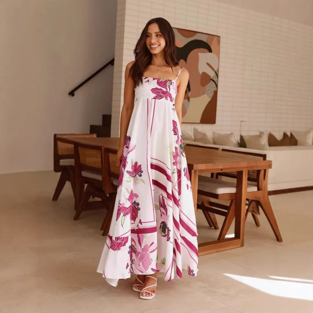 

Summer Sexy Spaghetti Strap Floral Print Maxi Dress For Women Casual Elegant Chest Wrap Long Woman Beach Dress Holiday Vestidos