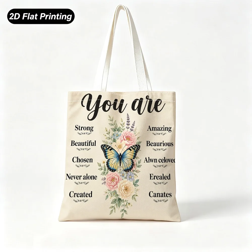 1pc Tote Bag with 2D Flat Effect, Featuring a Butterfly and Floral Pattern Printed on the Bag Body. Dimensions: 39.88cm X 35.05c