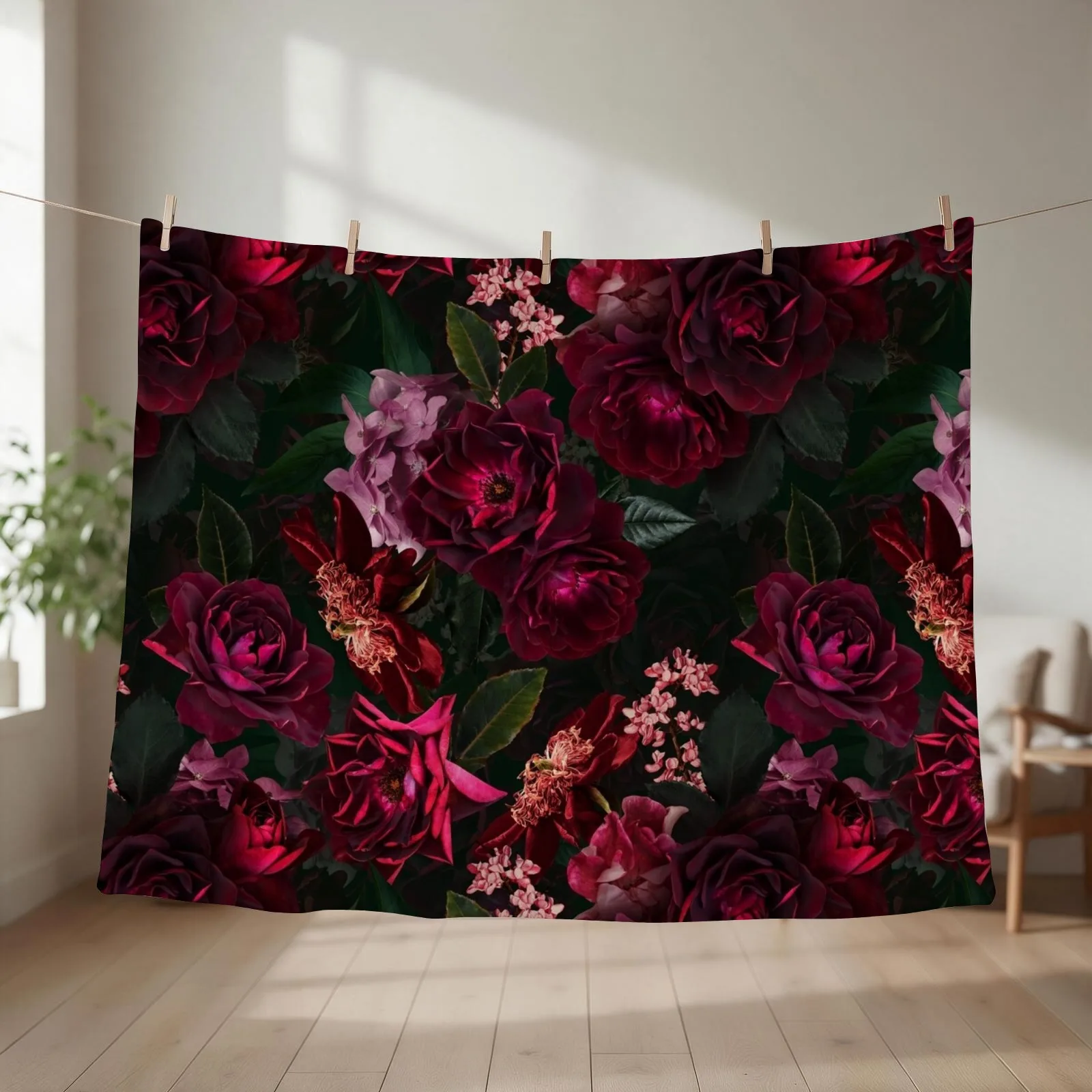 Antique Midnight Botanical Flower Rose Garden Throw Blanket couch cozy soft plush fuzzy picnic outdoor blanket
