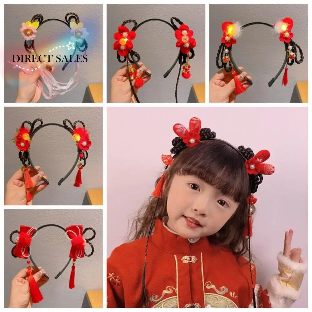 Sweet LED Glowing Hanfu Wig Headband Pigtail Wig Pearl Flower Tassel Hairband Headdress Cosplay Chinese Style Hair Hoop Girl