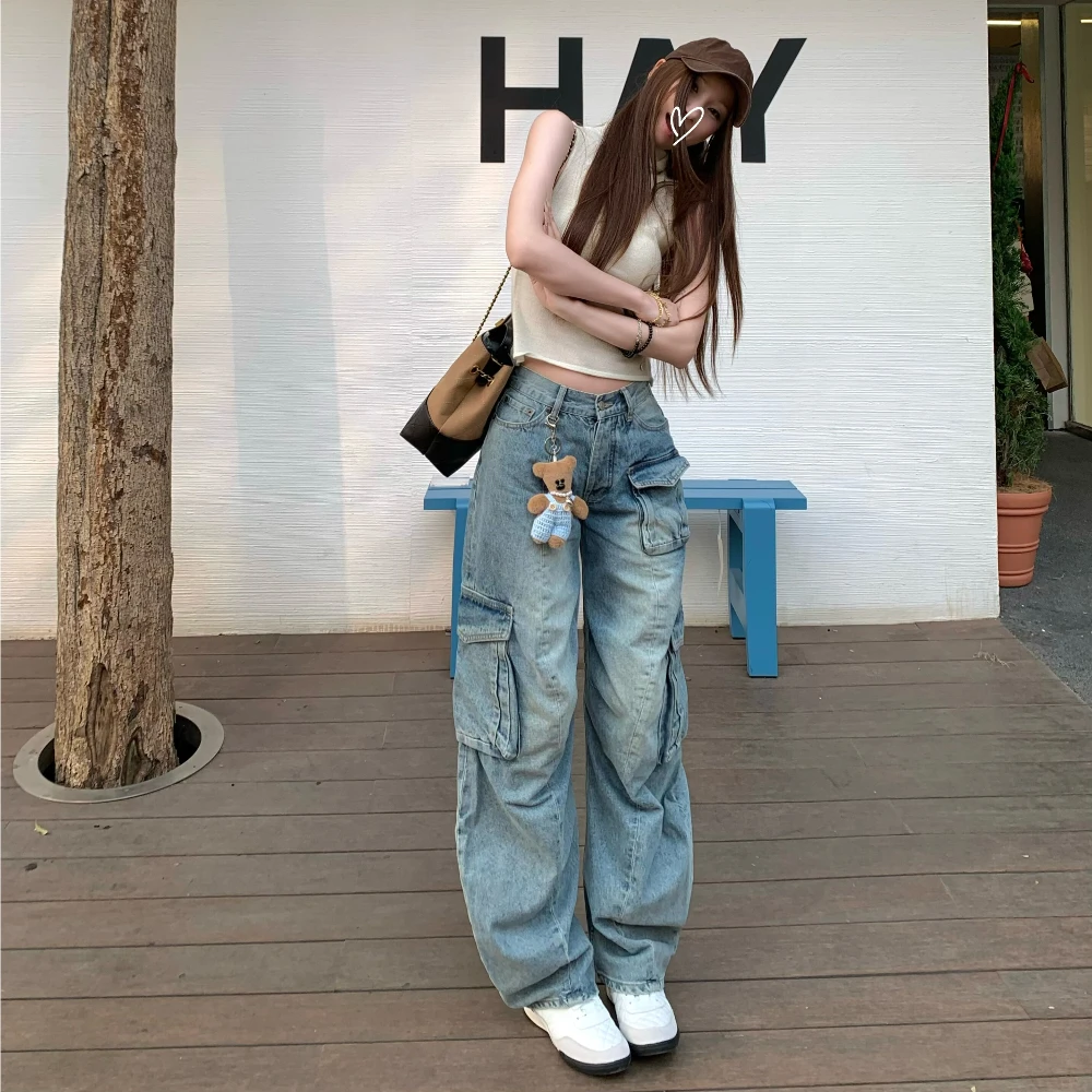 American Sexy High Street Casual Jeans Women High Waist Loose Wide Leg Cargo Pants Curved Denim Straight Leg Floor Length Pants