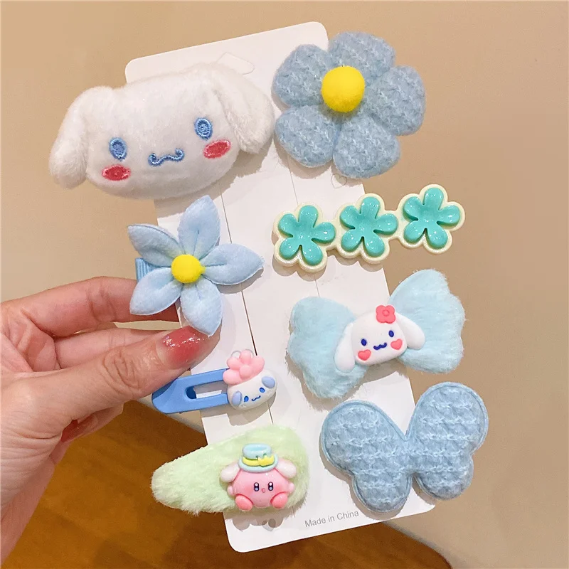 8Pcs/set Sanrio Kuromi My Melody Plush Hair Clip Lotso Cinnamoroll Pompompurin Hairpin Children Girl Hair Accessories