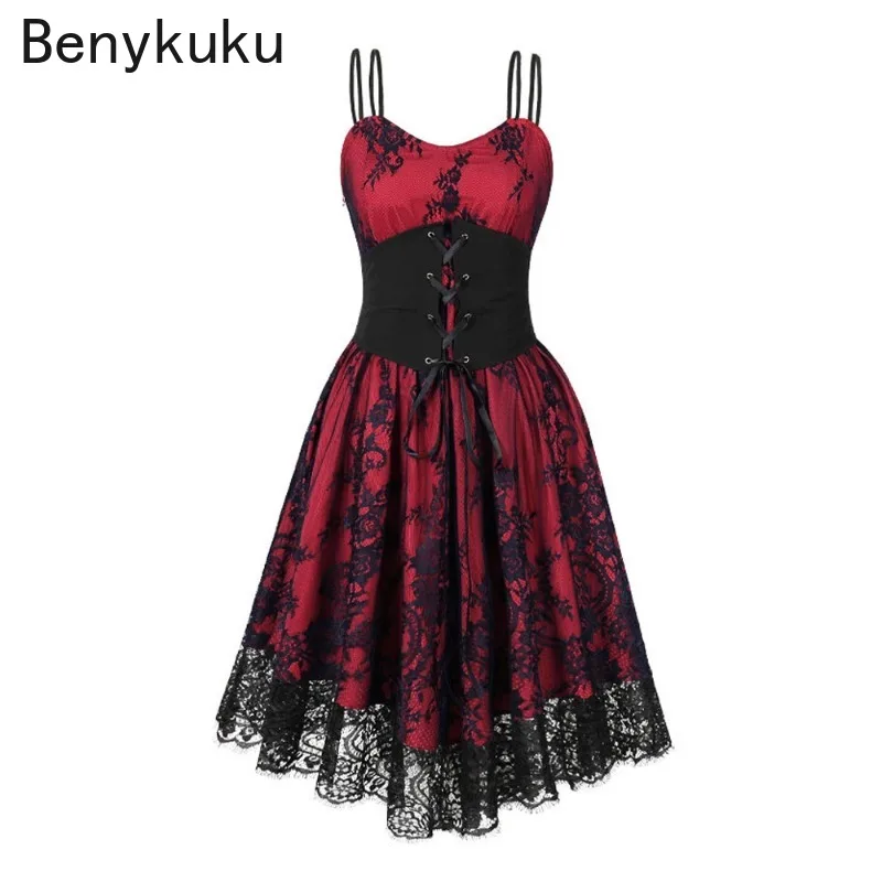 Steampunk Lace Overlay Red Long Corset Dress Gothic Summer Clothes Women Spaghetti Strap Bandage Vintage Party Cosplay Dresses