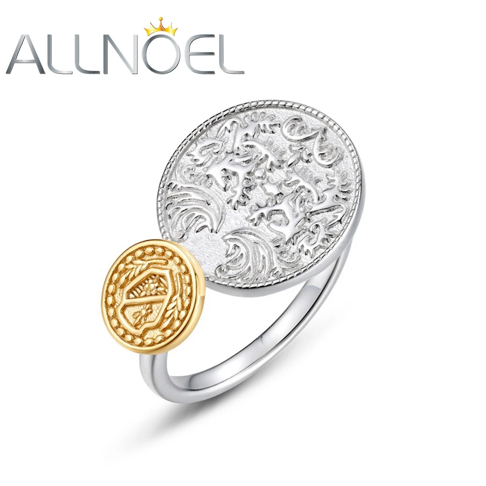 

ALLNOEL Solid 925 Sterling Silver Open Rings for Women Gold Coins Shape Relief Fashion Vintage Jewelry Gifts