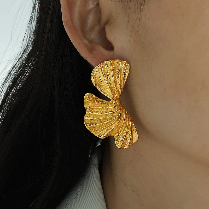 Exquisite Exaggerate Stainless Steel Fan Shape Drop Earrings Gold Color Textured Big Leaf Manual Thick Dangle Earring Jewelry