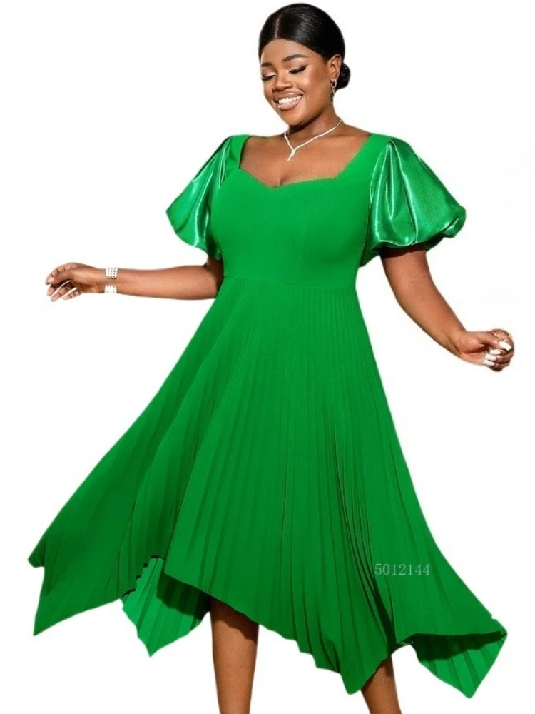 

Pleated A Line Midi Dresses for Women with Short Puff Sleeves and Asymmetrical Hem for Wedding Guest Church or Formal Parties