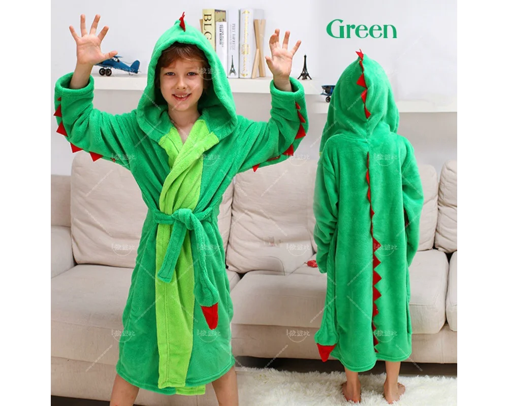 3-15 Years Girls and Boys Plush Hooded Bathrobe Dinosaur Wool Bathrobe