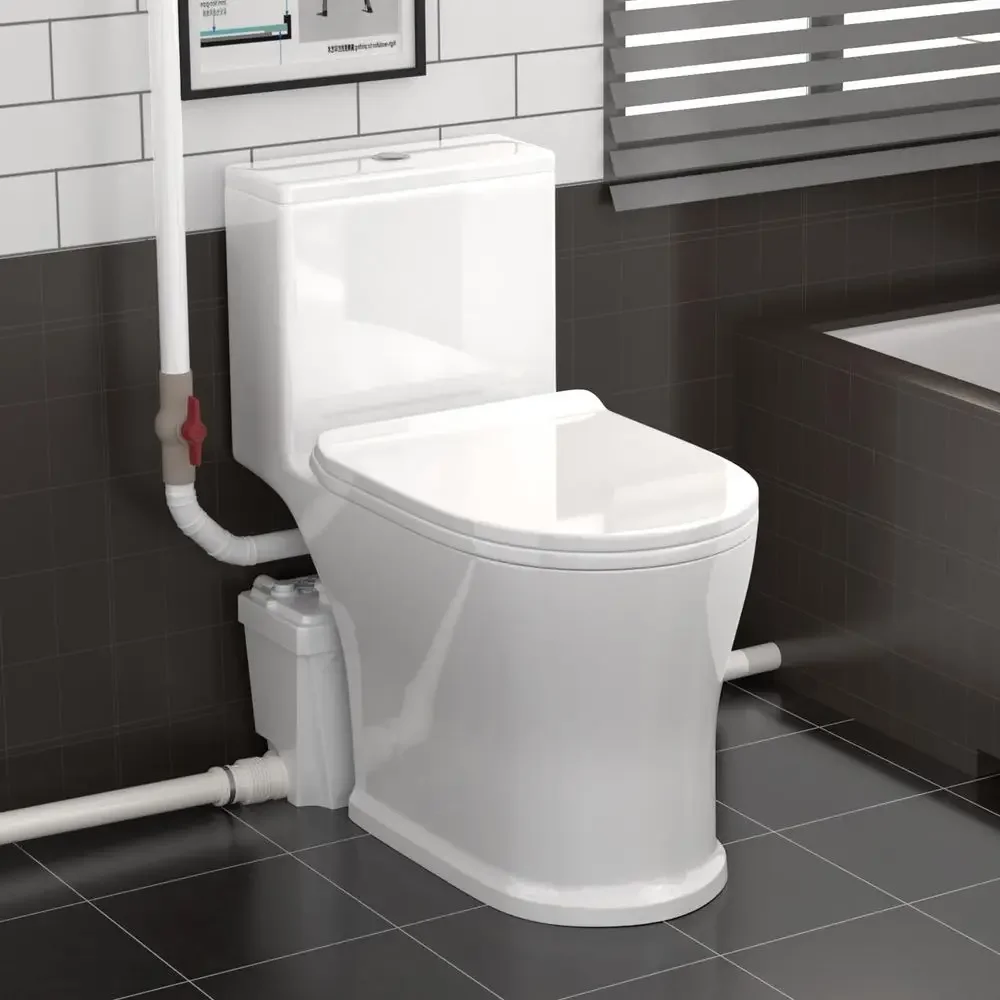 

Toilet with Pump for Basement, Macerating Toilet Pump Kit, Durable Copper Motor, 4 Inlets for Sink Shower Laundry, One Piece Fu