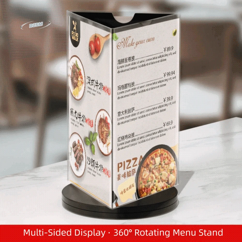 

360 Degree Rotating Menu Sign Holder Three Side Smooth swivel Acrylic Table Number Holder Waterproof Protective
