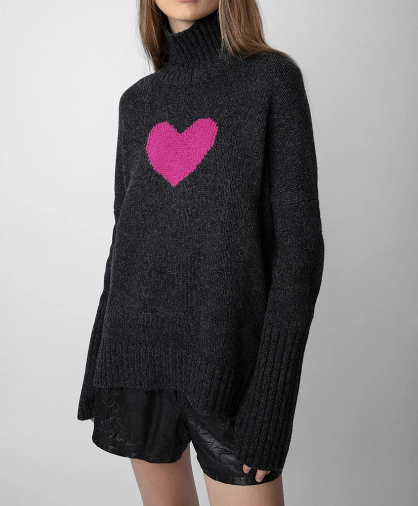 Turtleneck Rose Pink Love Heart Sweater For Women Cashmere Long Sleeve Pullover Knitted Sweater Fall Winter Luxury Chic Y2k Top