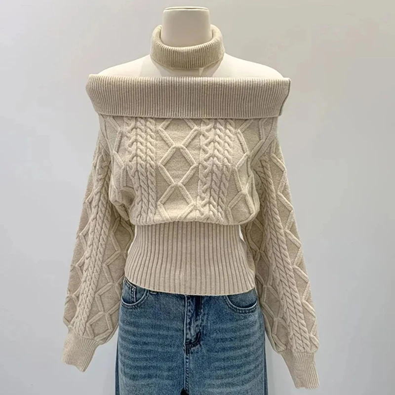 

Sexy Off Shoulder Knit Sweater Women Cable Striped Slim Y2K Pullover Fashion Casual Preppy Style Long Sleeve Spring Fall Top