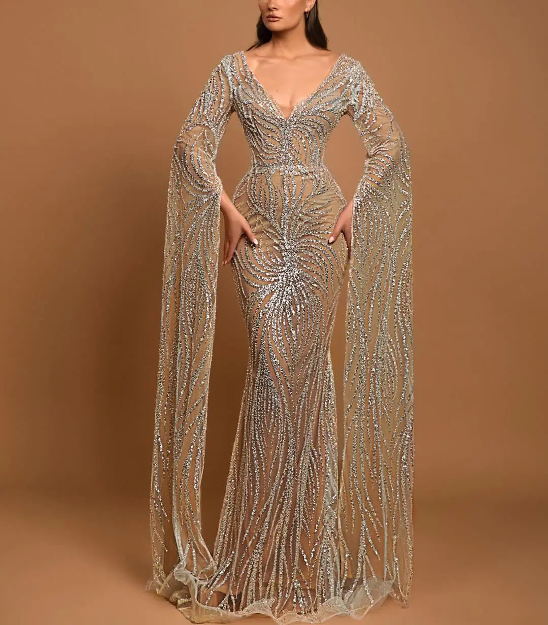 Champagne Mermaid Evening Dresses Long Sleeves V Neck Capes Sequins Sparkly3D Lace Hollow Beaded Zipper Prom Dresses Custom Made