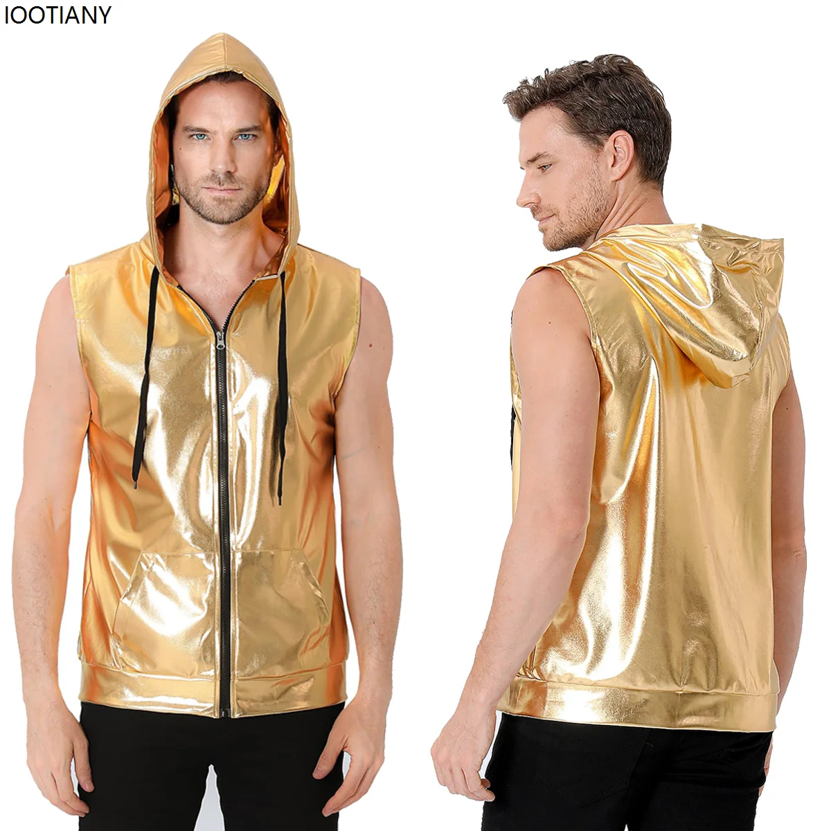 Men's Sleeveless Hooded Vest Zipper Metallic Shirt Cosplay 70s Disco Drawstring Costume Adult Dance Party Show Glitter Vest 2025