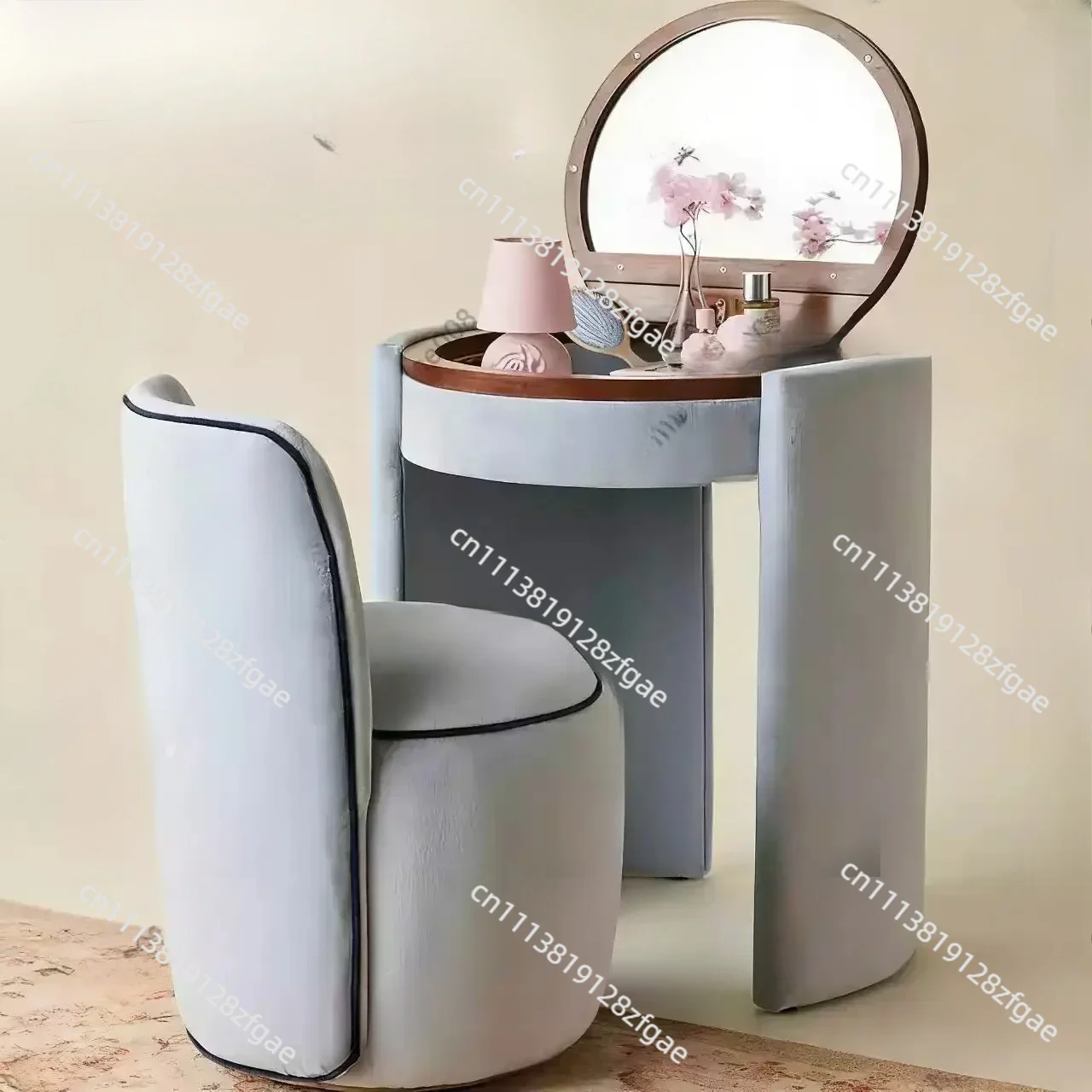 Ivory Dressing Chair and Mirror Dresser Set Padded Dressing Chair and Flip Round Mirror