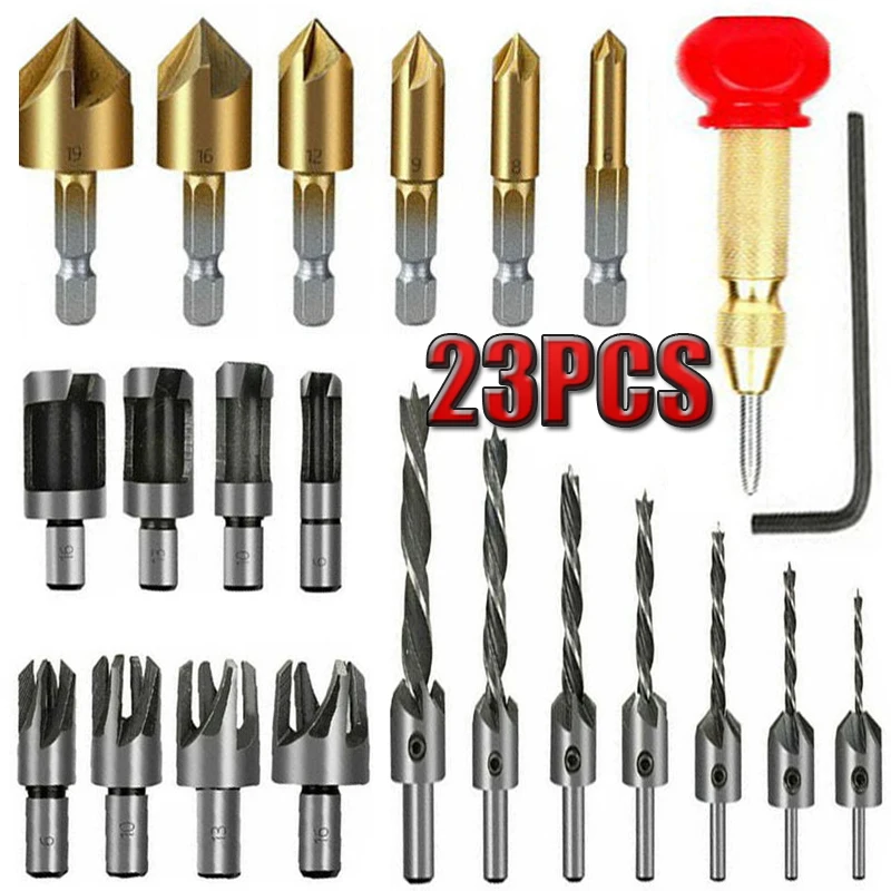 

23pcs Woodworking Chamfer Drilling Tools Drill Bits Set Wood Plug Cutter Three Pointed Countersink Drill Bits with L-wrench