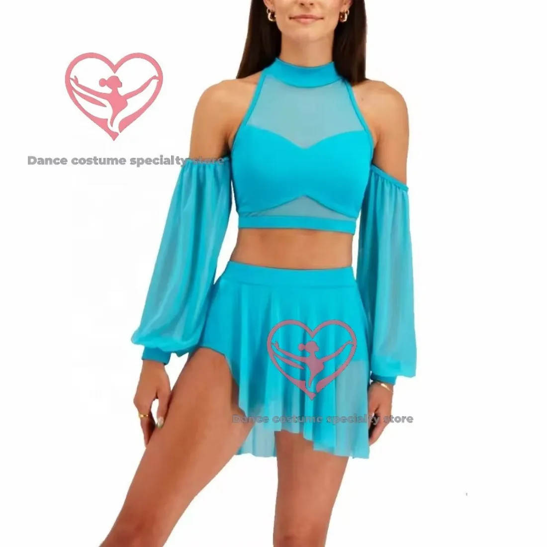 Ladies Lyrical Dance Skirt Set Turquoise Satin & Sheer Long Sleeve Performance Wear