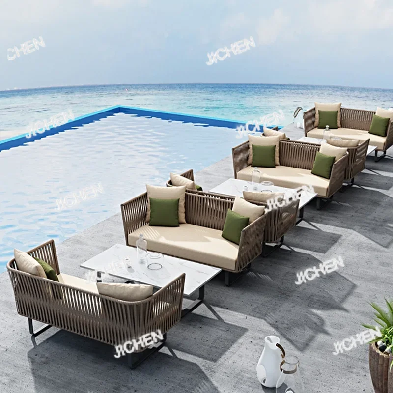 

HZ Nordic Outdoor Rattan Sofa Garden Living Room Swimming Pool Balcony Woven Rattan Chair Sun Room Courtyard Rattan Sofa