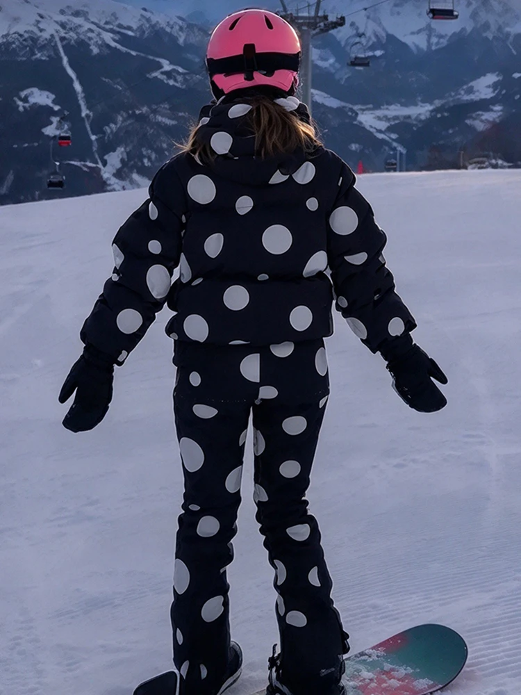 Women 2 Piece Polka Dot Ski Suit Waterproof Windproof Hooded Snow Jacket Snow Pants Insulated Snowboard Outdoor Sports Outfit