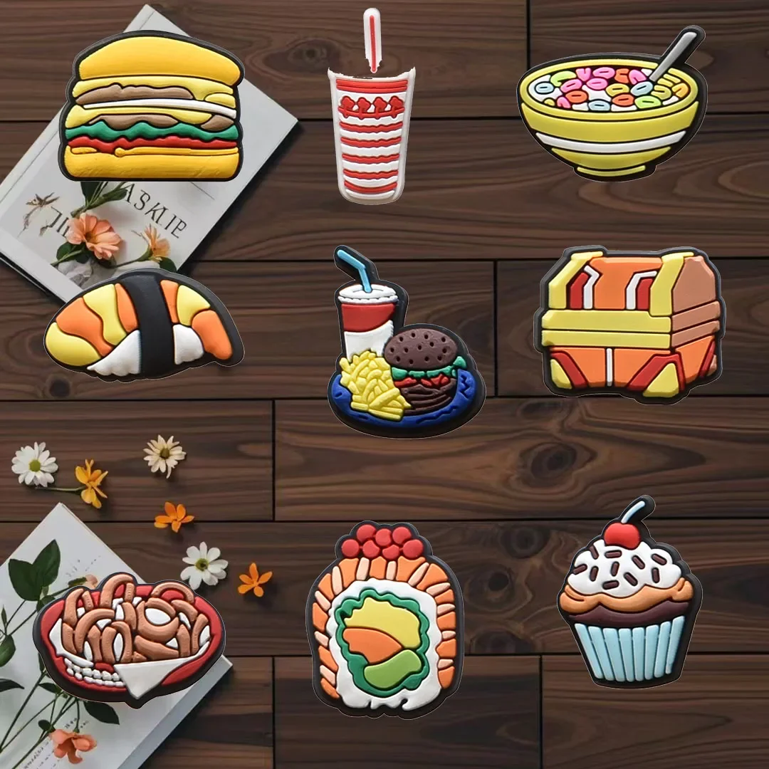 

100 шт., объемные подвески для обуви для Crocs, аксессуары, деревенские бургеры, картофель фри, подвески для обуви, украшения в виде крокодила, булавки, мужские джинсы, женские сабо