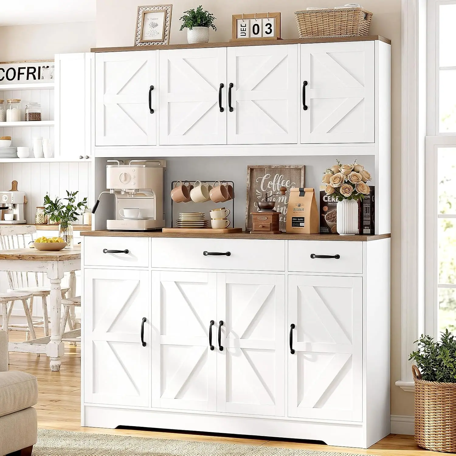 71 Inch Kitchen Pantry Cabinet, 55 Inch Wide Kitchen Hutch with Charging Station, 3 Drawers and Adjustable Shelves