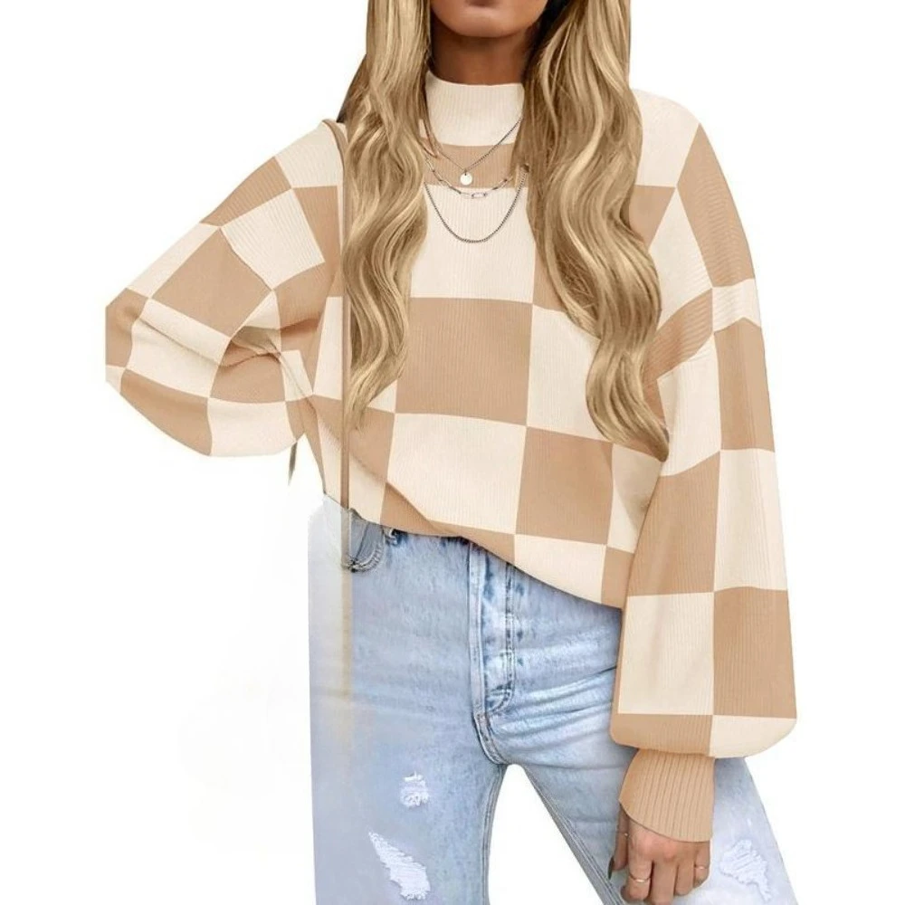 Modischer, hochgeschlossener, gestreifter Strickpullover, übergroßer Pullover, Rundhalsausschnitt, Fledermausärmel, weicher, bequemer Kopf