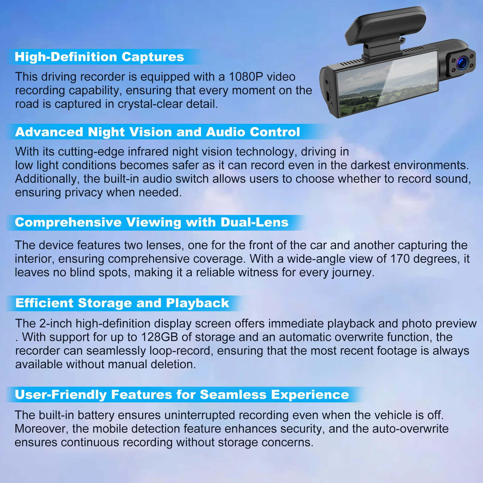 ZNLYRION  Full HD 1080P Car Dashcam Front+Interior+Rear Camera 130° Wide Angle Night Vision G-Sensor Parking Monitor Car Driving Recorder view 6