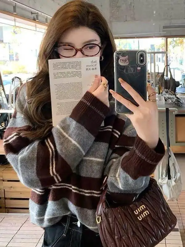 Retro Korean Style Striped Knitted Sweater Loose Lazy Style Autumn Winter Versatile Overhead Knitted Top Trendy Turn-down Collar