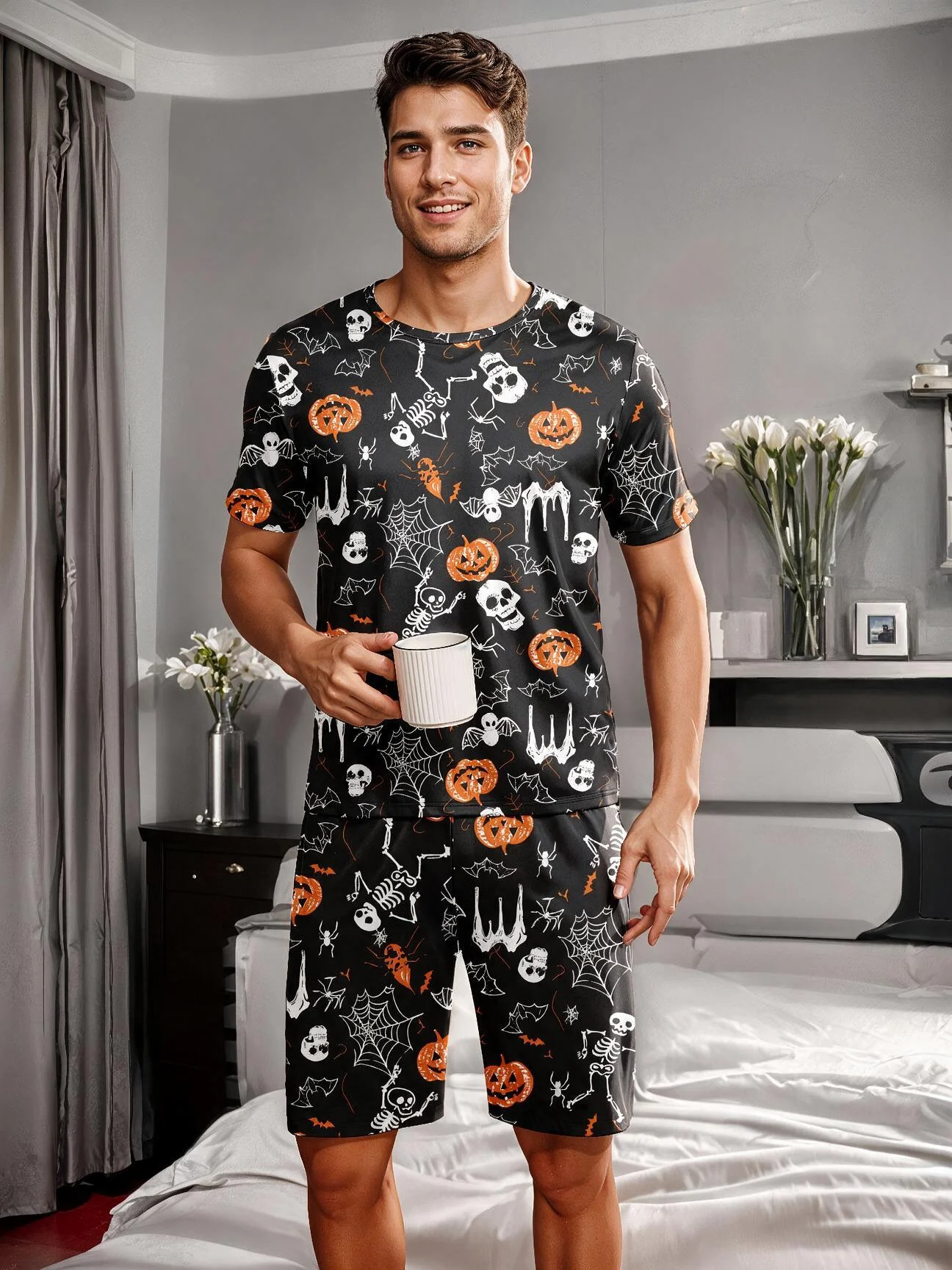 Men's Pajama Loungewear Set, Halloween-Themed Fun Pumpkin and Skull Prints, Short-Sleeve Top + Shorts Loungewear, 1 Top + 1 Pair of Pants, Suitable as a Halloween Gift