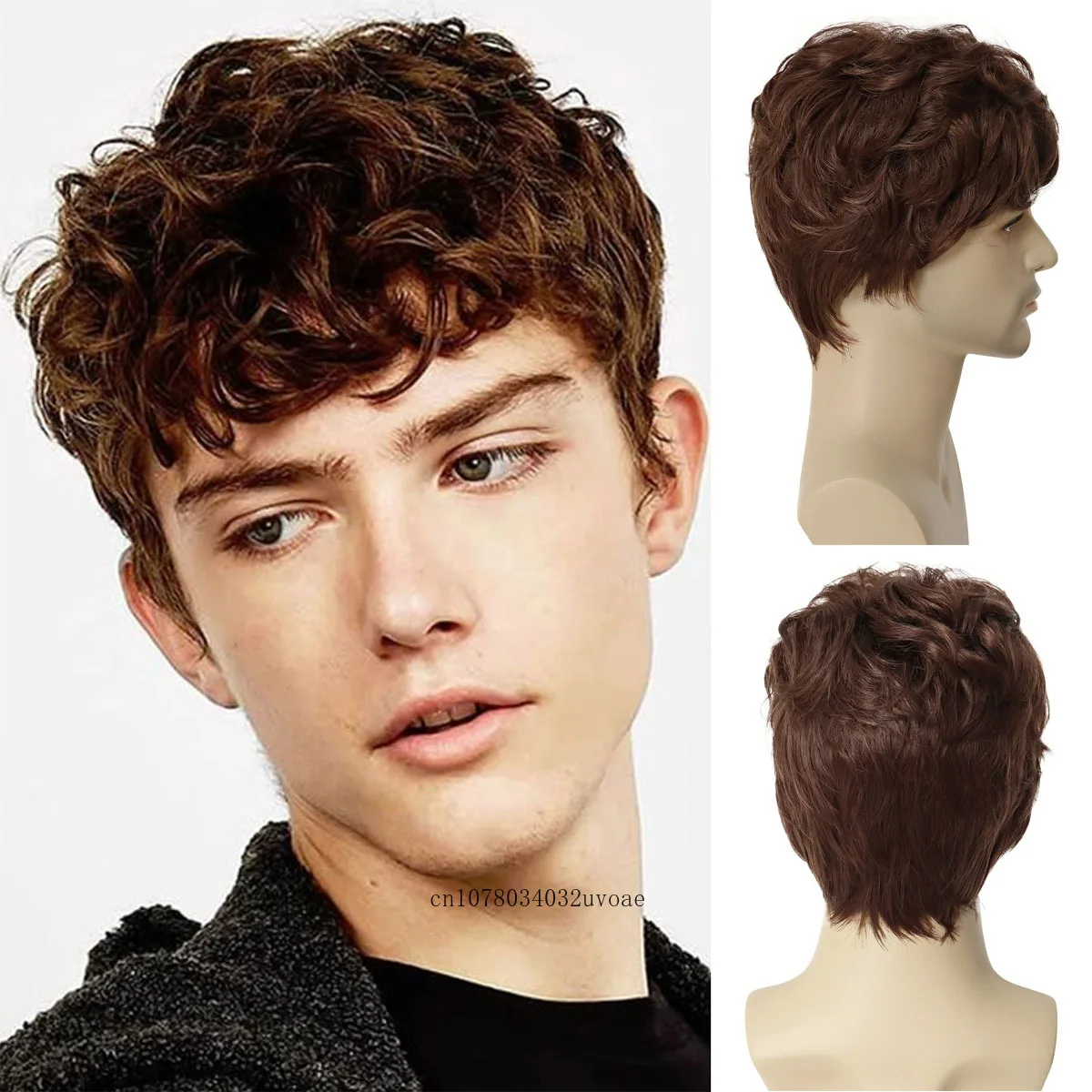 Synthetic Hair Short Haircuts Men‘s Wig Brown Curly Korean Style Cool Wigs for Boys Businessman Natural Wig Pelucas Para Hombres