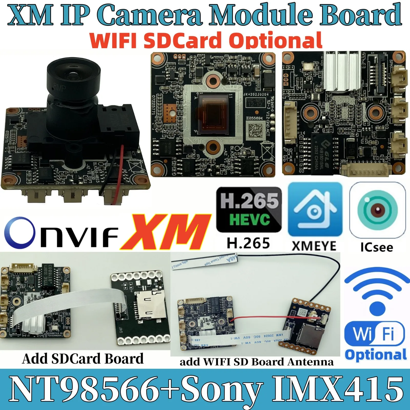 WIFI SDCard Optional 4K 8MP XM IP Camera Module Board M12 Lens IRCut NT98566+IMX415 H.265 ONVIF XMEYE ICsee P2P Face Detect