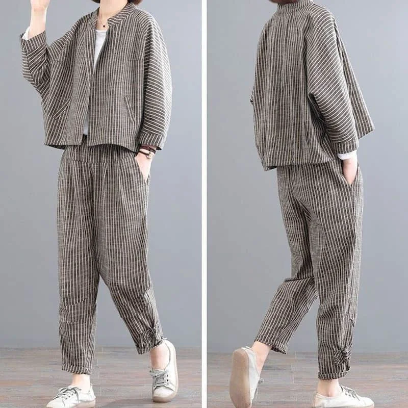 Vintage Pants Sets Long Sleeve Striped Coats and Casual Harem Pants Loose Harajuku Korean Style Two Pieces Sets Women Outfits