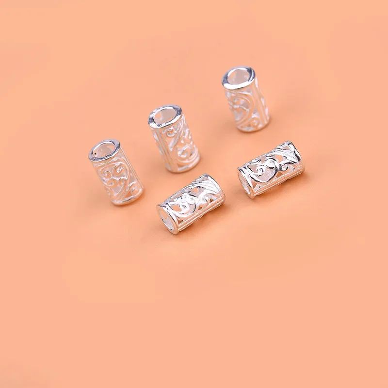 10pcsS925 Sterling Silver pattern hollow bead long barrel bead loose bead hand woven jewelry DIY accessories material bag