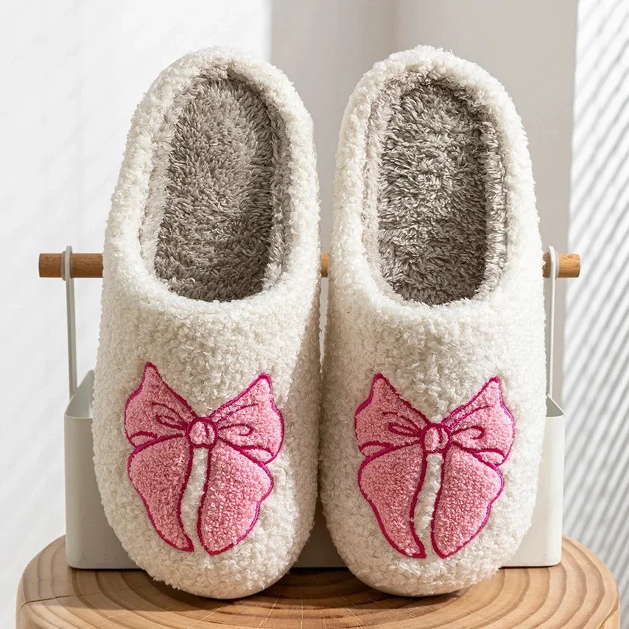 

Fashion Cute Pretty Bow Women Slippers Indoor Winter Soft Sole Exquisite Warm Graceful Causal Dormitory Comfy Flat Cotton Shoes