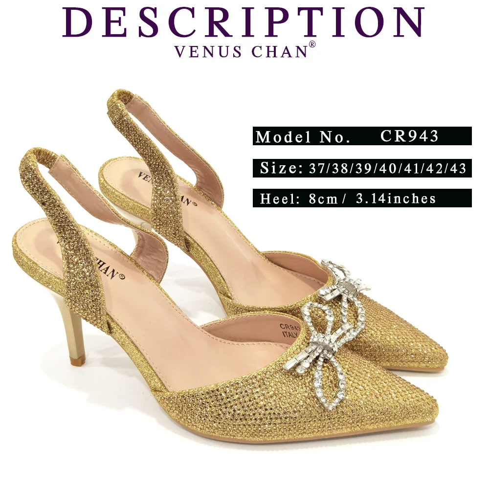 Venus Chan 2023 New Fashionable Pointed Toe Ladies Sandal Shoes Matching Bag Set in Gold Color For Nigerian Women Wedding