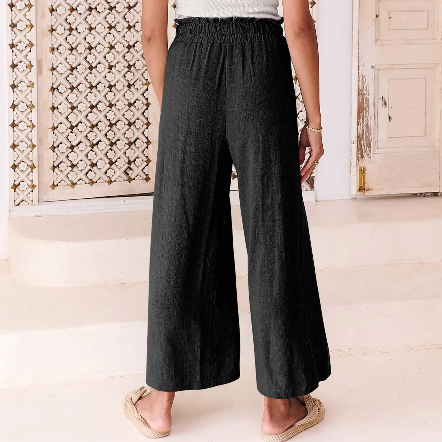 2025 New Arrival Women's Elastic Waist Tie Wide Leg Pants Solid Color Nine Minute Pants Casual Trousers Ladies Fashion Clothes