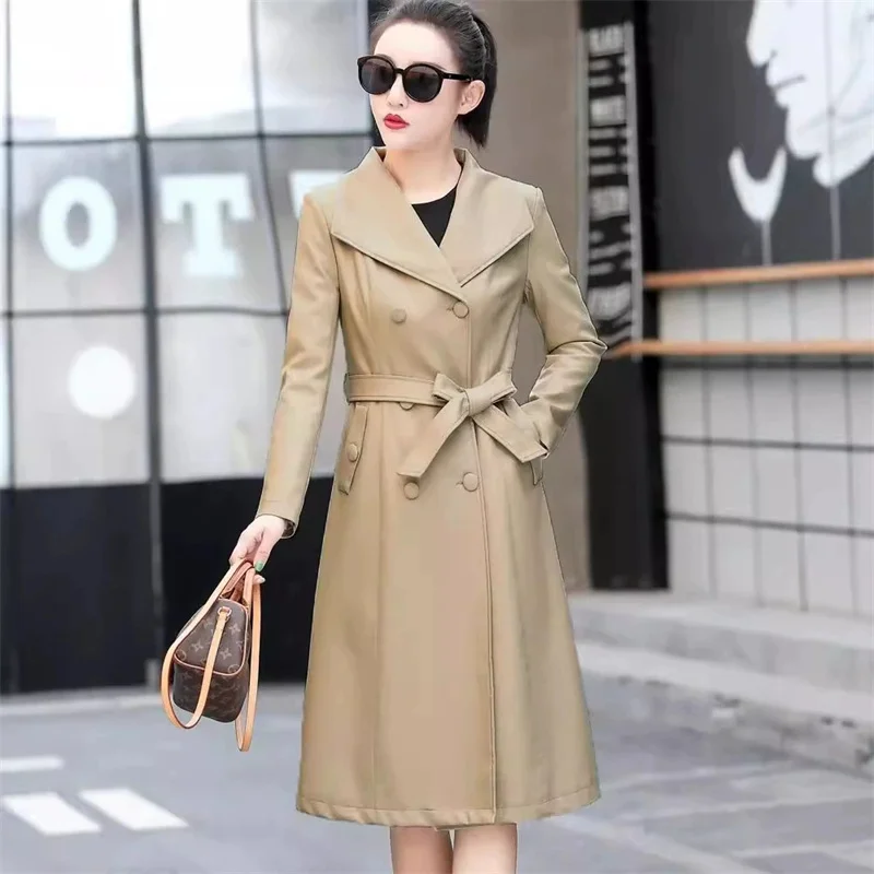 

Leather Trench Coat Women's Long Windbreaker Spring Autumn Double-breasted Big-lapel Thin PU Outerwear Female Sashes Slim Trench
