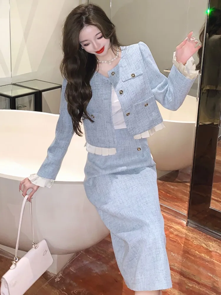 2023 autunno donna Blazer blu abiti coreano New Ruffles Short Top Lady Slim a-line gonna Midi Vintage femminile Y2k 2 pezzi Set