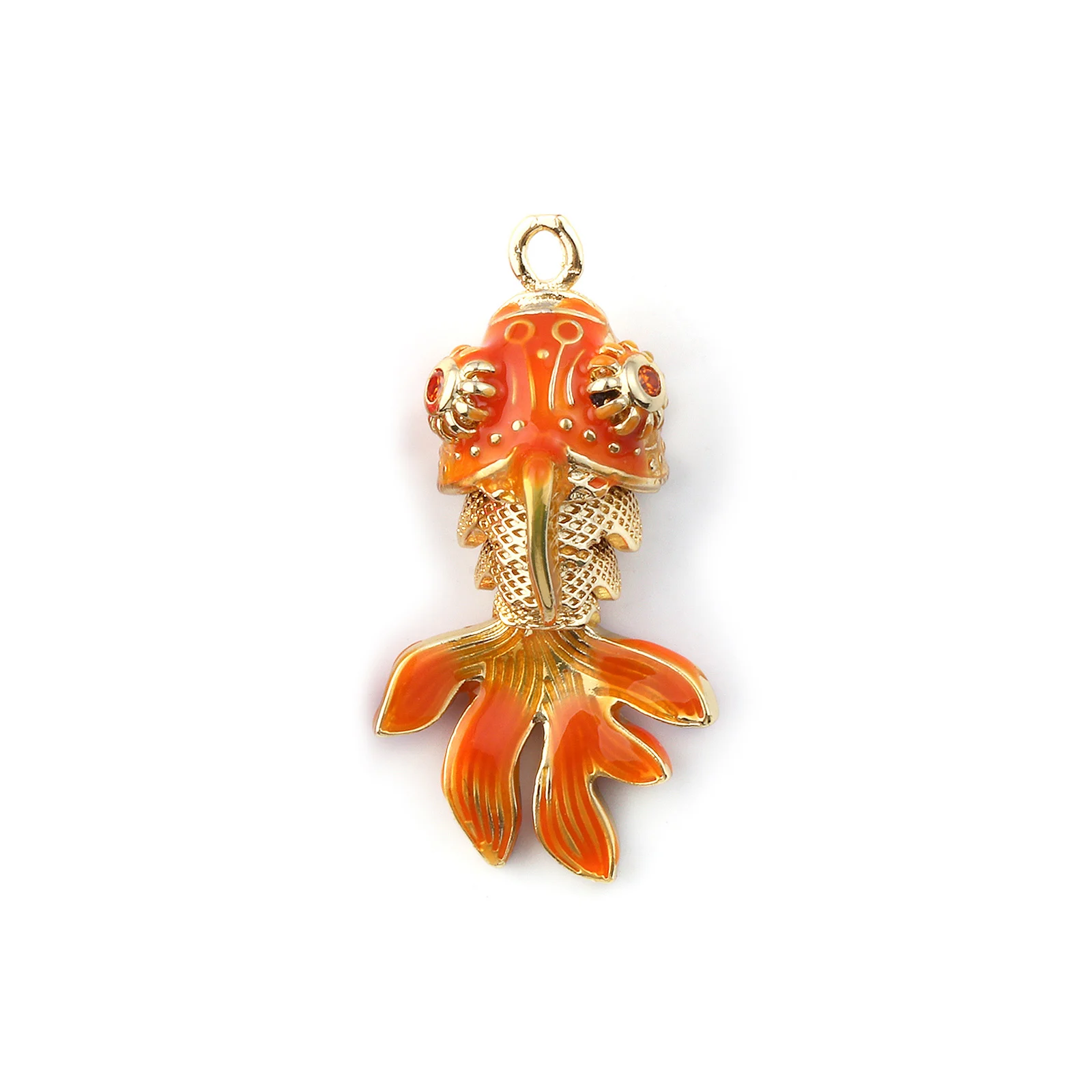 1 Piece Enamel Goldfish 3D Movable Brass Charms Orange Cubic Zirconia 18K Gold Plated Fish Ocean Jewelry Pendants 3cm x 1.5cm